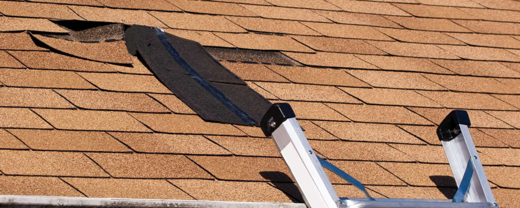 A close-up of a damaged brown shingle roof with several missing pieces. A metal ladder is propped against the roof, suggesting repairs are needed. The bright lighting calls attention to the damage, highlighting the need for a roofing contractor in Morris County, NJ.
