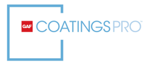 Logo with a light blue outline of a square partially enclosing the words "COATINGS PRO" in blue. A small red square with "GAF" in white letters appears before the text.