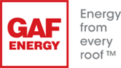 GAF Energy logo in red and white next to the slogan "Energy from every roof™" in gray text on a light background.