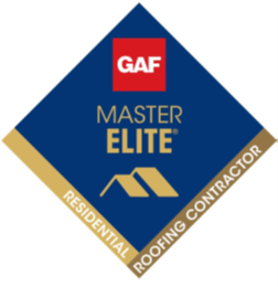 Diamond-shaped GAF Master Elite logo with gold trim, featuring the words “RESIDENTIAL ROOFING CONTRACTOR” and a rooftop icon on a blue background.