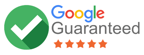 Google Guaranteed badge with a large green checkmark inside a circle, the words "Google Guaranteed," and five orange stars displayed below, indicating high credibility or a top-rated service.