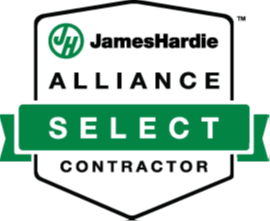 James Hardie Alliance Select Contractor badge featuring the company logo and green ribbon with the words "Select Contractor" in bold letters.