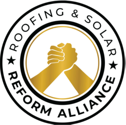 A circular logo with two gold hands clasped in the center. Around them, black text reads "Roofing & Solar Reform Alliance," with a black star on each side.