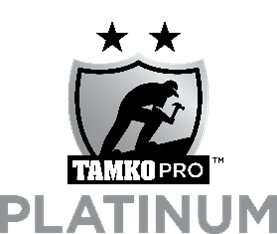 A black and gray shield logo with two stars above it, featuring the silhouette of a person using a hammer. The text "TAMKO PRO" is on the shield, and "PLATINUM" appears below in large letters.