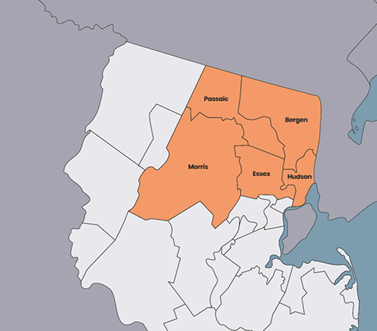 A map highlights Passaic, Bergen, Morris, Essex, and Hudson counties in northern New Jersey in orange, while surrounding counties are shown in gray.
