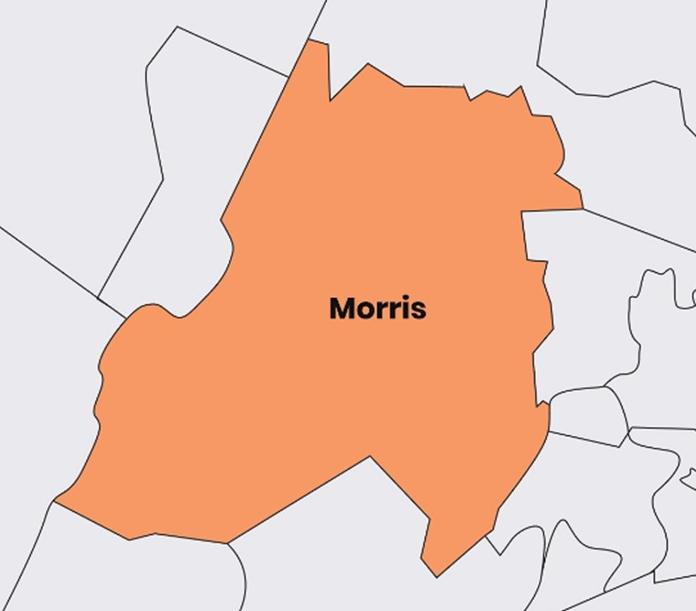 Map showing Morris County highlighted in orange, surrounded by bordering counties outlined in black, with the name “Morris” labeled in the center.