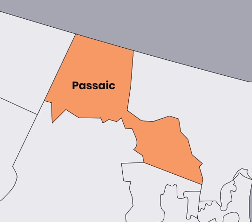 A map highlighting Passaic County in orange, with surrounding counties in light gray and northeastern state borders visible.