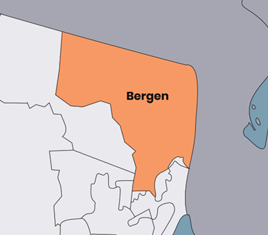 A map highlights the Bergen area in orange, with surrounding regions in gray and blue. The word “Bergen” is centered in bold black text within the orange section.